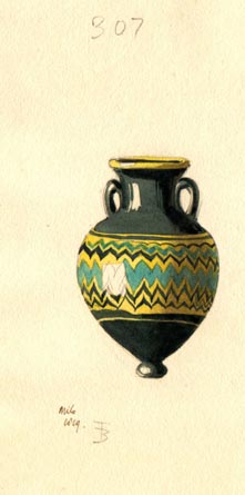 307 coloured drawing of 2 handled black, yellow and green vase
